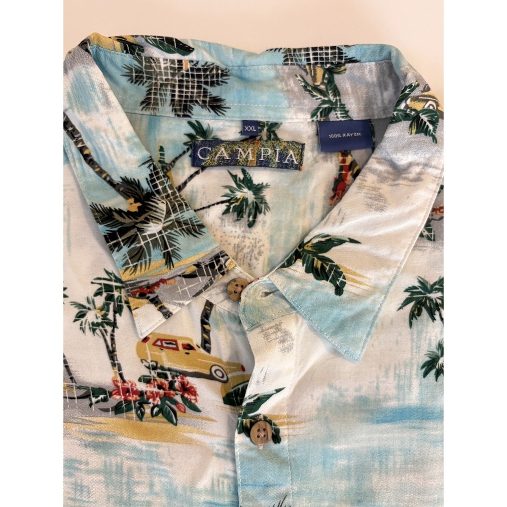 Men's CAMPIA MODA XXL White & Blue Island Hawaiian Palm Trees & Cars Shirt